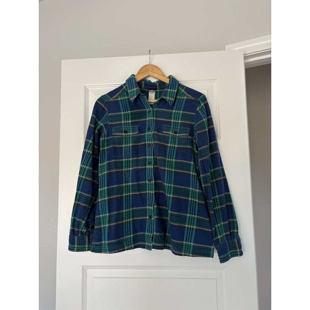 Patagonia Women's Blue Green Organic Cotton Flannel Plaid Button-Up Shirt 10